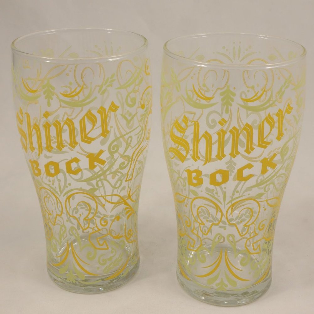 Shiner Bock Spoetzl Brewery Ltd. Edition Pint Glass 2 pc White Yellow Rams 16oz